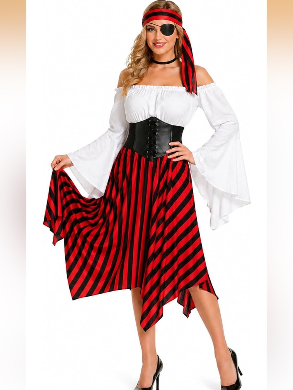 SZ Small 5 PC Pirate Accessories with Shirt Bandana Corset Waist Belt Eye Patch